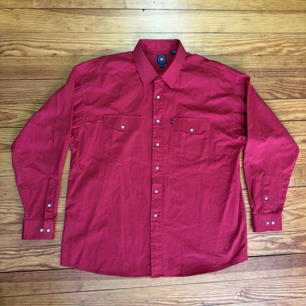 VTG Panhandle Slim Western Pearl Snap Shirt Mens Red Heavy Cotton Canvas Size XL